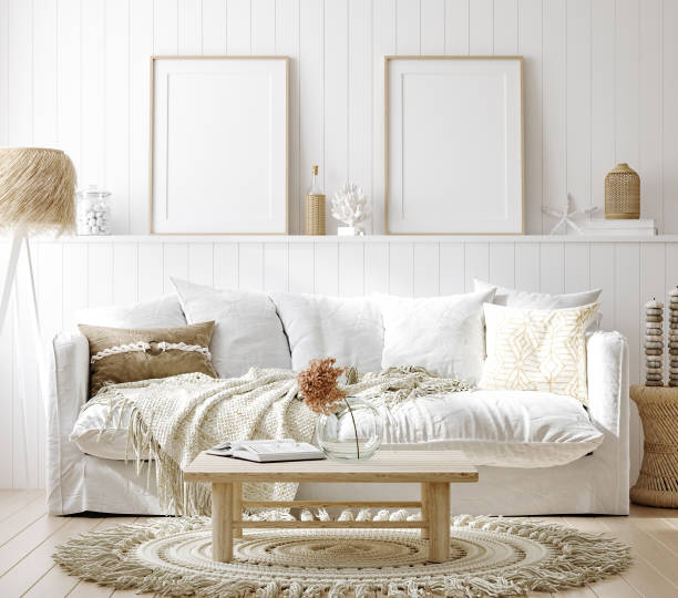 istock Mock up frame in cozy home interior background, coastal style living room 1314002898