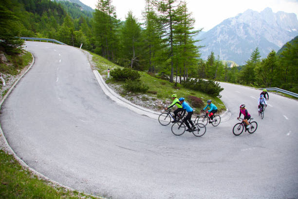 istock Group of cyclists on a hairpin curve 1314003144