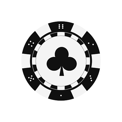 Poker game chip with clubs card suits. Black and white casino token icon isolated on white background. Vector simple flat design cartoon style clip art illustration.