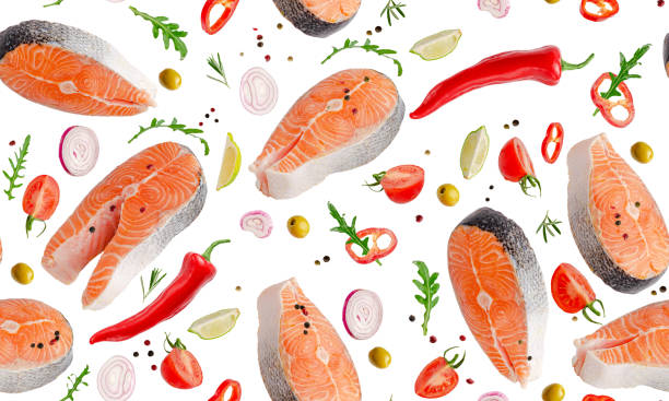 Seamless pattern of flying salmon with vegetables and herbs isolated on white Seamless pattern of flying salmon with vegetables and herbs isolated on white arugula falling stock pictures, royalty-free photos & images