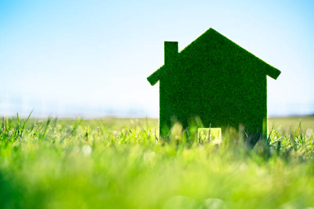 Green ecological house in empty field concept for construction and real estate Green eco house in empty field concept for construction and real estate green building photos stock pictures, royalty-free photos & images