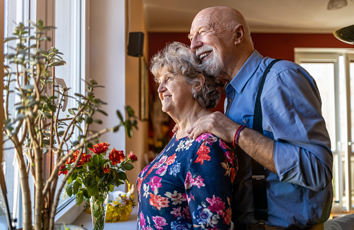 Senior couple embracing in front of window