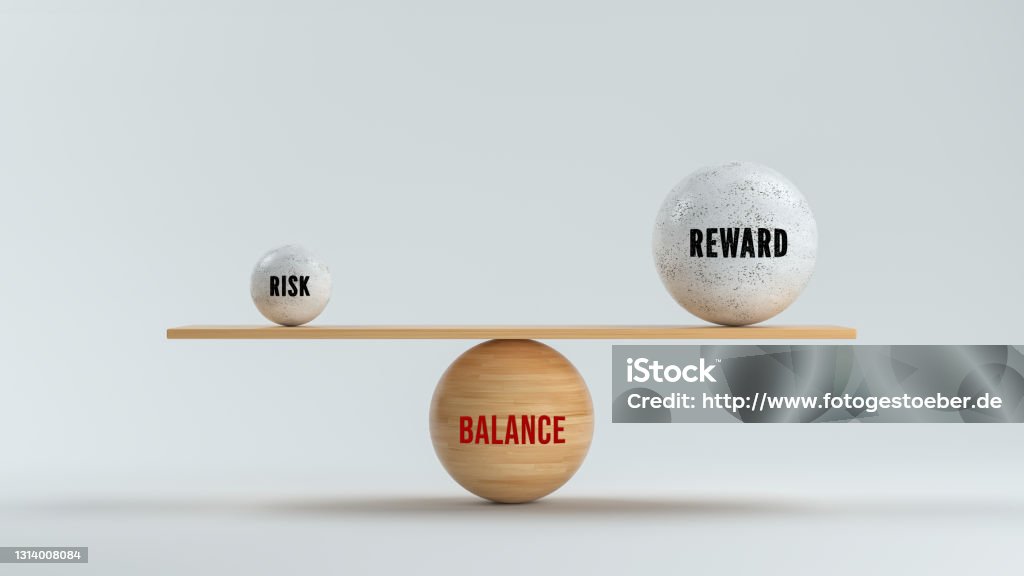 Concept of balancing Reward versus Risk in business and life"n - 3d illustration Concept of balancing Reward versus Risk in business and life with three spheres with text arranged as a see-saw in balance over a grey background - 3d illustration Risk Stock Photo