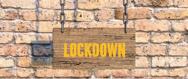 istock wooden sign on chains with message LOCKDOWN - 3d illustration 1314008398