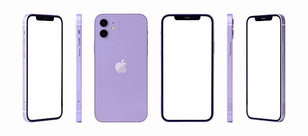 Antalya, Turkey - April 23, 2021: Newly released iphone 12 purple color mockup set with different angles