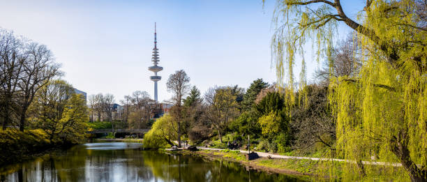 horizontal wide angle panorama view from old main entrance of planten un blomen garden in the wallgraben to the famous heinrich-hertz television tower in the middle of hamburg, germany - blomen imagens e fotografias de stock