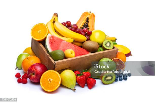 Multicolored Fruits In A Crate On White Background Stock Photo - Download Image Now - Fruit, Cut Out, Crate
