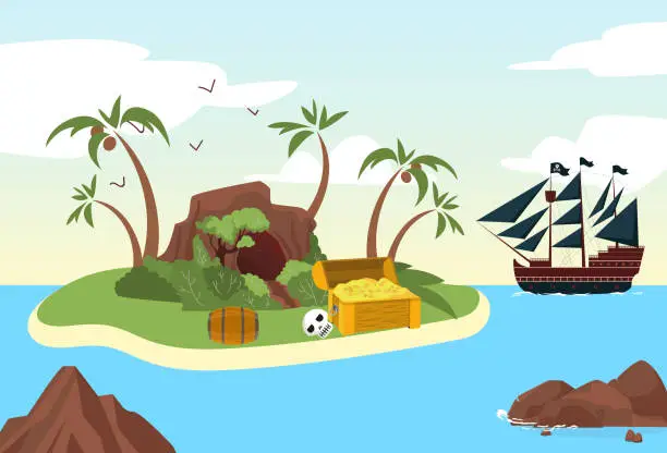 Vector illustration of Lonely pirate harbour ocean sea, ship raider moored isle, gold money treasure island, bandit shelter flat vector illustration.