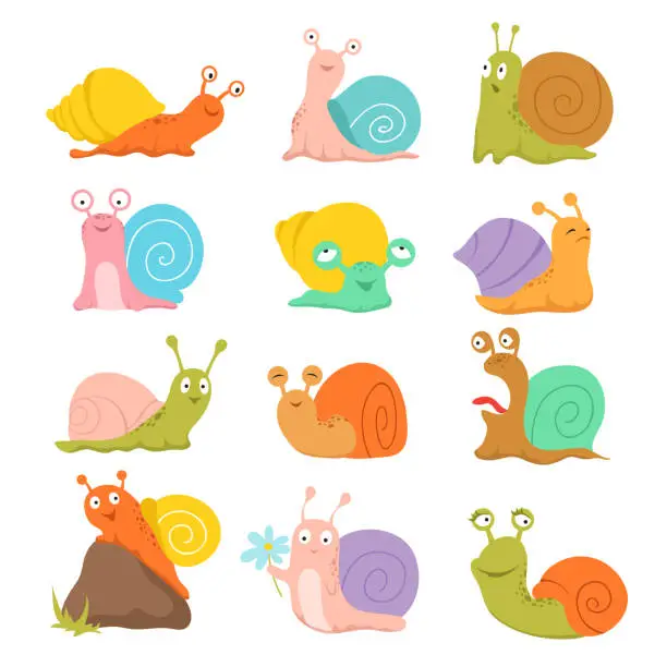 Vector illustration of Cartoon snail. Cute slug, mollusk with shell and escargot. Funny animals vector characters