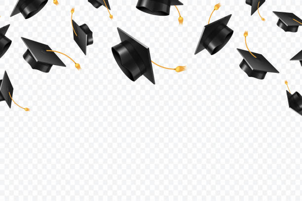 ilustrações, clipart, desenhos animados e ícones de bonés de pós-graduação voando. chapéus acadêmicos negros no ar. educação conceito de vetor isolado - formatura
