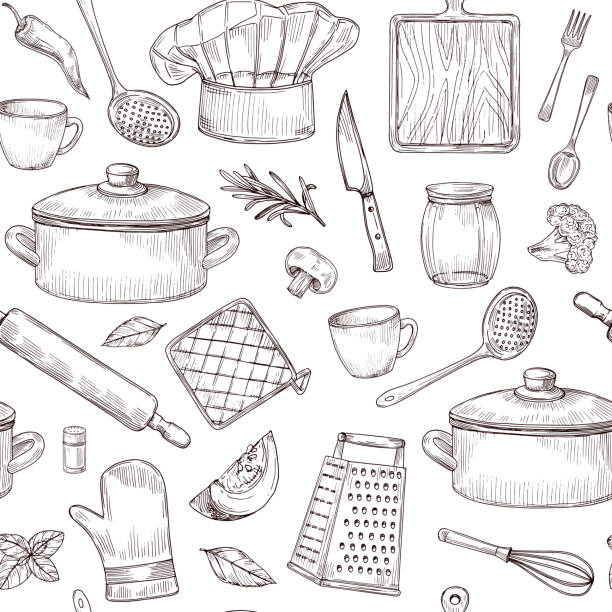 illustrazioni stock, clip art, cartoni animati e icone di tendenza di modello senza cuciture per utensili da cucina. schizzo utensili da cucina disegnati a mano stoviglie. sfondo vettoriale elementi cucina incisi - cooking