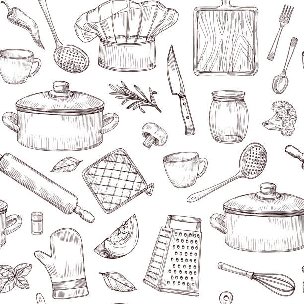 Kitchen tools seamless pattern. Sketch cooking utensils hand drawn kitchenware. Engraved kitchen elements vector background Kitchen tools seamless pattern. Sketch cooking utensils hand drawn kitchenware. Engraved kitchen elements vector background. Kitchenware equipment, cookware accessory, saucepan and spoon illustration chef patterns stock illustrations