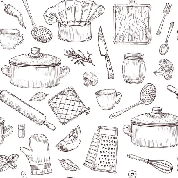 Vector illustration of Kitchen tools seamless pattern. Sketch cooking utensils hand drawn kitchenware. Engraved kitchen elements vector background