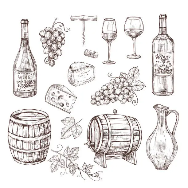 Vector illustration of Sketch wine set. Grape, wine bottles and wineglass, barrel. Hand drawn vintage alcoholic beverages vector set