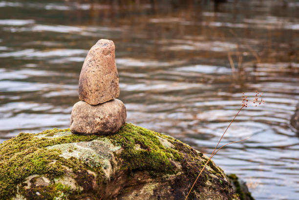 Balanced Stones A calm, tranquil, winter, 3 shot HDR image of stacked stones on a boulder in Loch Voil near Balquhidder, Perthshire, Scotland. loch voil stock pictures, royalty-free photos & images