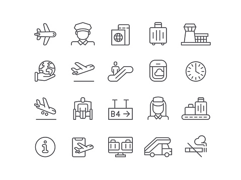 Airport, airplane, airport departure area, icon, icon set, flight, aircraft, editable stroke, outline, travel