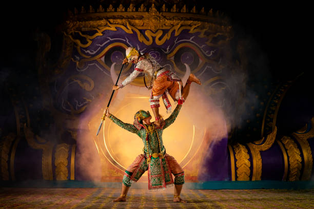 Khon is a dance drama genre from Thailand. This has been performed since the Ayutthaya Kingdom. Khon is traditional dance drama art of Thai classical masked, Scene of performance is Ramayana epic. stock photo