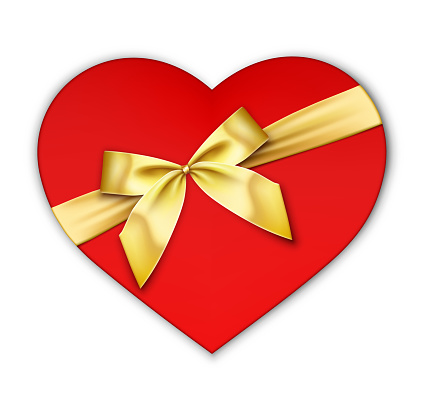 Vector red heart shape gift box with golden bow and ribbons.