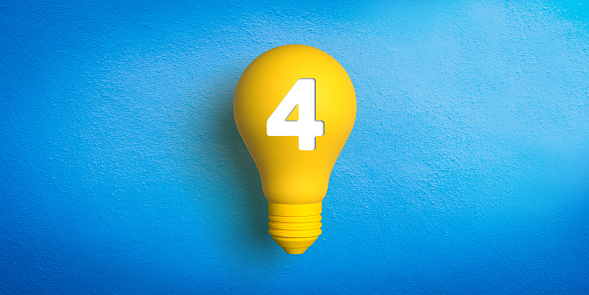 Ideas and innovation concept: 3D rendered retro type yellow light bulb on blue background. White number series. Trendy minimalist design in illustration form