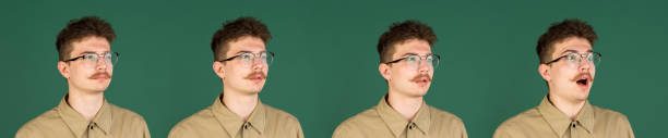 istock Evolution of emotions. Caucasian man's portrait isolated over green studio background with copyspace 1314026559