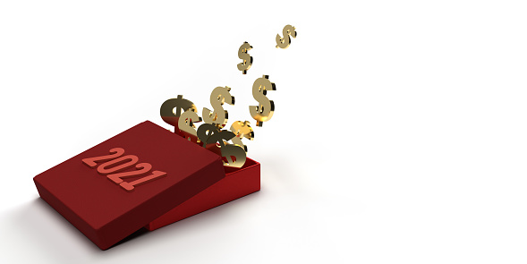 Isolated open red square gift box in 3D render with dropped shadow on white background concept: Golden American US dollars are flying out of the box. New year gift of 2021. Financial graphic symbol in illustration design. White background with large copy space