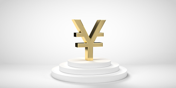 3D rendered Japanese, Yen, or Chinese, Yuan symbol in shiny gold on a three stage platform. Illustration design on light background with degradation and copy space