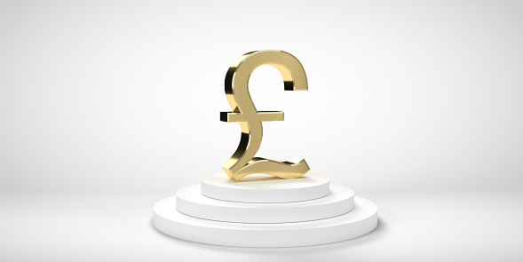 3D rendered English Pound or Sterling symbol in shiny gold on a three stage platform. Illustration design on light background with degradation and copy space