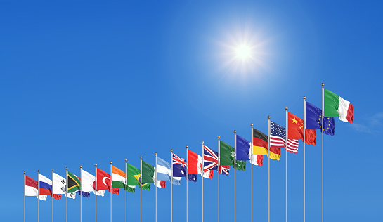 Waving flags countries of members Group of Twenty. Big G20, in Rome, the capital city of Italy, on 30â31 October 2021. 3d Illustration. Isolated on sky background.
