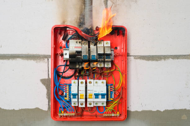 burning switchboard from overload or short circuit on wall closeup - electricity fire circuit board short imagens e fotografias de stock