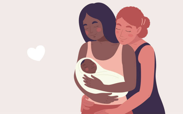 ilustrações de stock, clip art, desenhos animados e ícones de portrait of two mom women, african or indian and caucasian red hair, embracing their newborn baby. vector illustration concept women's rights, lgbtqi rights, diverse family, gender equality, multi-ethnic and multi racial family, mother's day, baby-shower. - homosexual family lesbian parent