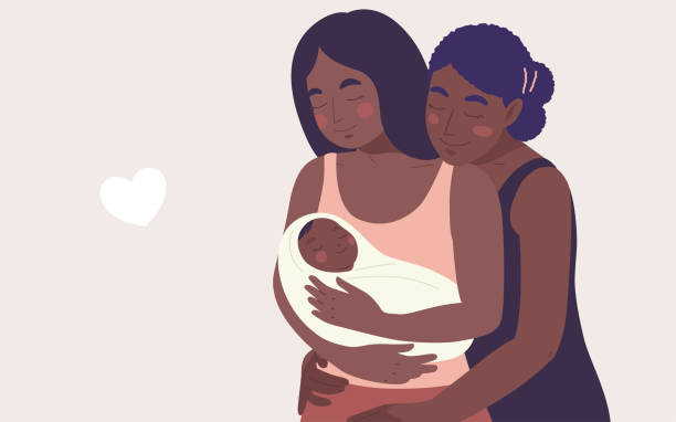 Portrait of two mom women, African or Indian, embracing their newborn baby. Vector illustration concept women's rights, LGBTQI rights, diverse family, gender equality, multi-ethnic and multi racial family, mother's day, baby-shower. Flat vector illustration with neutral background and a heart shape. human fertility stock illustrations