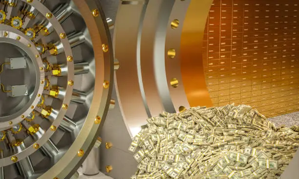 bank vault from which wads of dollars come out. 3d render