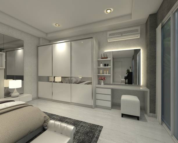 Interior bedroom using Minimalist wardrobe clothes and dressing table with mirror panel Interior bedroom using Minimalist wardrobe clothes and dressing table with mirror panel. 3d rendering, 3d illustration. white shabby chic desk stock pictures, royalty-free photos & images