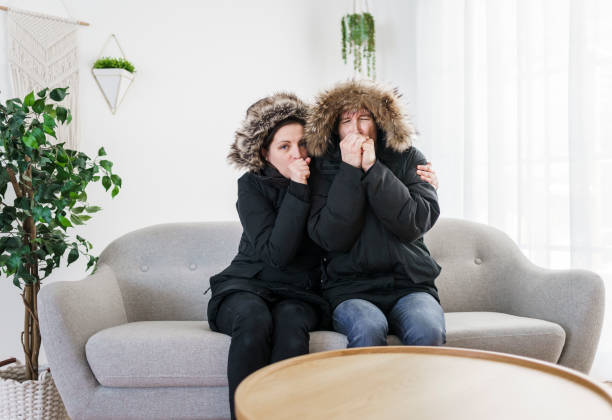 istock Couple have cold on the sofa at home with winter coat 1314032959
