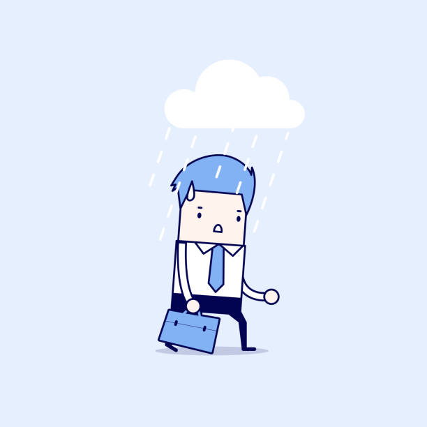 ilustraciones, imágenes clip art, dibujos animados e iconos de stock de empresario deprimido caminando bajo la lluvia. carácter de dibujos animados vector de estilo de línea delgada. - rain wind crisis business