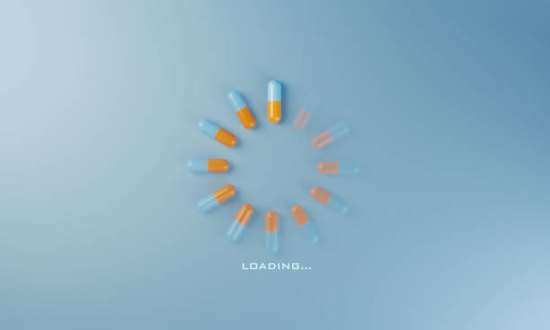 Pills Loading Digital loading symbol with medicine pills, flat lay. (3d render) capsule medicine stock pictures, royalty-free photos & images