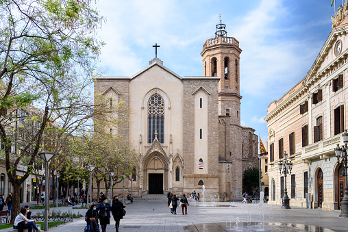 Sabadell - Catalonia, SPAIN - April 17th of 2021: Placa de Sant Roc square and Esglesia de Sant Felix church