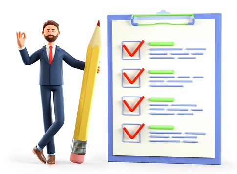 3D illustration of businessman with ok gesture holding a huge pencil, standing nearby a giant marked checklist on a clipboard paper, questionnaire, customer survey form. Successful tasks completion.