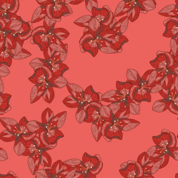 Vector illustration of Random seamless orchid flowers red print in outline style. Pink background. Bloom creative backdrop.