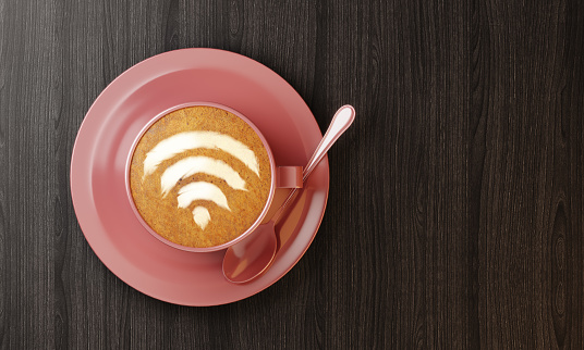 Cup of coffee with coffee creamer shaped like wifi symbol. (3d render)