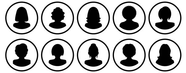 People Profile Silhouettes Variation of Head Silhouette front view in circle man shadow head stock illustrations