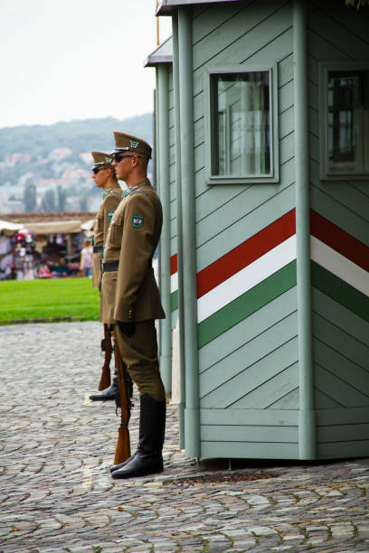 guardas de honra húngaros na entrada do palácio de sandor - sandor palace - fotografias e filmes do acervo