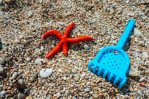 Red Starfish on Beach and kids rake toy for sand.