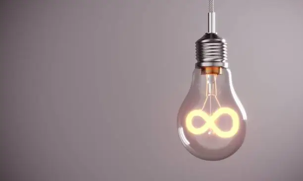 Infinity symbol in the glowing light bulb. (3d render)