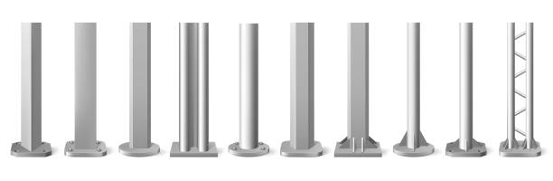 realistische metallstangen. silberne metall vertikale säulen, glänzende aluminium-baustange. metallische lagersäule vektor-illustration-set - pfosten stock-grafiken, -clipart, -cartoons und -symbole