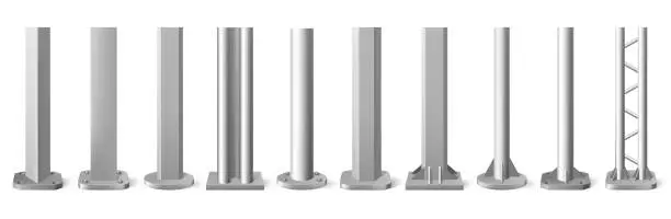 Vector illustration of Realistic metal poles. Silver metal vertical pillars, glossy aluminum construction pole. Metallic bearing column vector illustration set