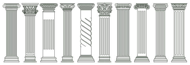 古代の古典的な柱。ギリシャとローマの建築柱、歴史的な建築柱は、ベクターイラストセットを分離しました。アンティーククラシックコラム - stability architecture roman decoration点のイラスト素材／クリップアート素材／マンガ素材／アイコン素材