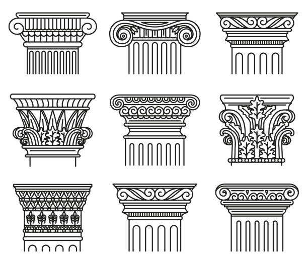 starożytne greckie stolice. rozkazy architektoniczne, jonowe i doryczne antyczne klasyczne stolice izolowane wektorowe zestawie ilustracji. greckie i rzymskie grawerowane zamówienia filarowe - corinthian stock illustrations