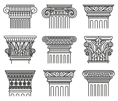 Ancient greek capitals. Architectural orders, ionic and doric antique capitals isolated vector illustration set. Greek and roman engraved pillar orders. Architecture greek, ancient and classic