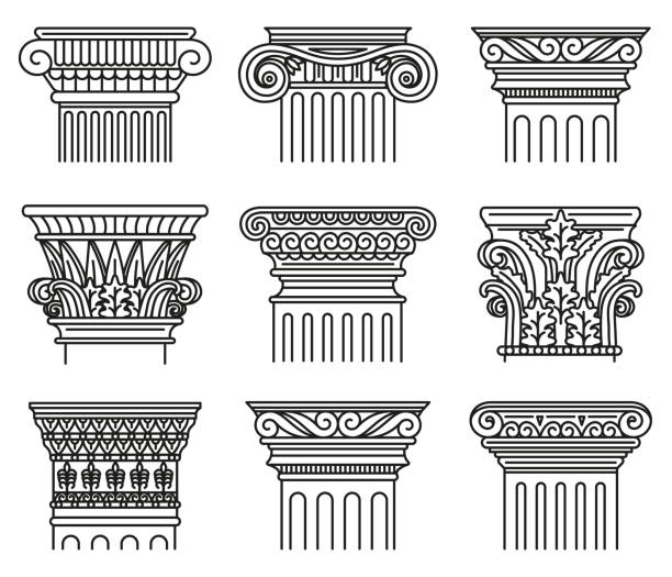Ancient greek capitals. Architectural orders, ionic and doric antique classical capitals isolated vector illustration set. Greek and roman engraved pillar orders Ancient greek capitals. Architectural orders, ionic and doric antique capitals isolated vector illustration set. Greek and roman engraved pillar orders. Architecture greek, ancient and classic doric stock illustrations